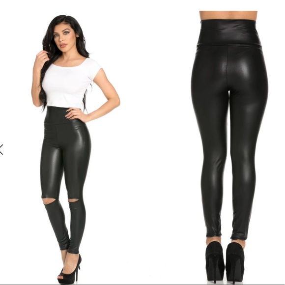 ✨JUST IN✨BLACK FAUX LEATHER KNEE CUT OUT SLICK LEGGINGS - Picture 10 of 15